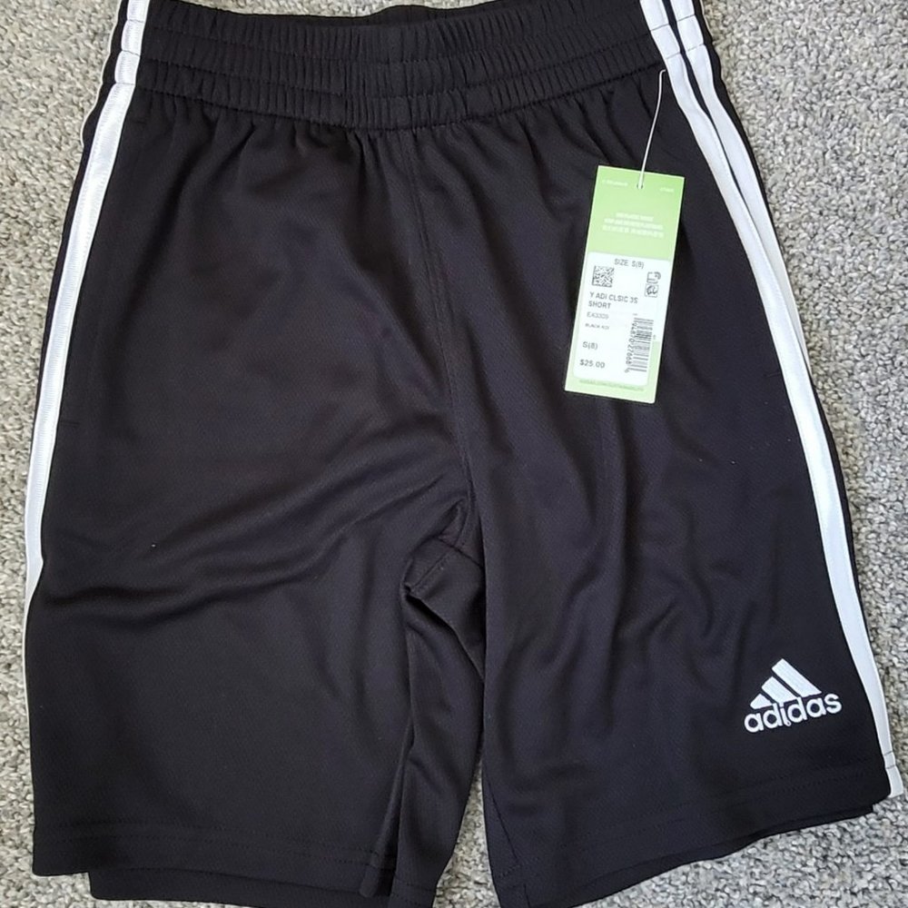 Adidas kids classic 3 stripe shorts black/white sz SM(8)